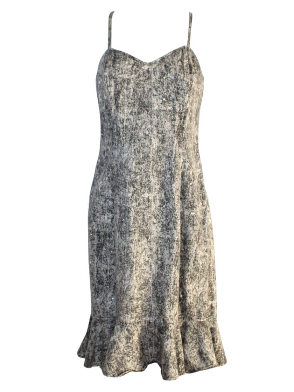 Vintage 90's acid wash ruffle hem rhinestone midi sheath wiggle knee length
